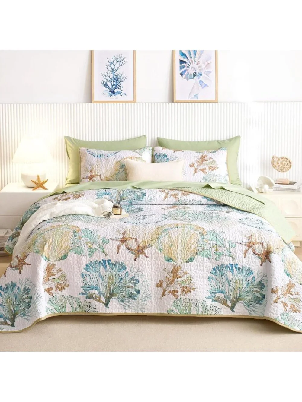 Coastal Nautical Quilt Set - Reversible Lightweight Bedspread, 3-Piece King Size